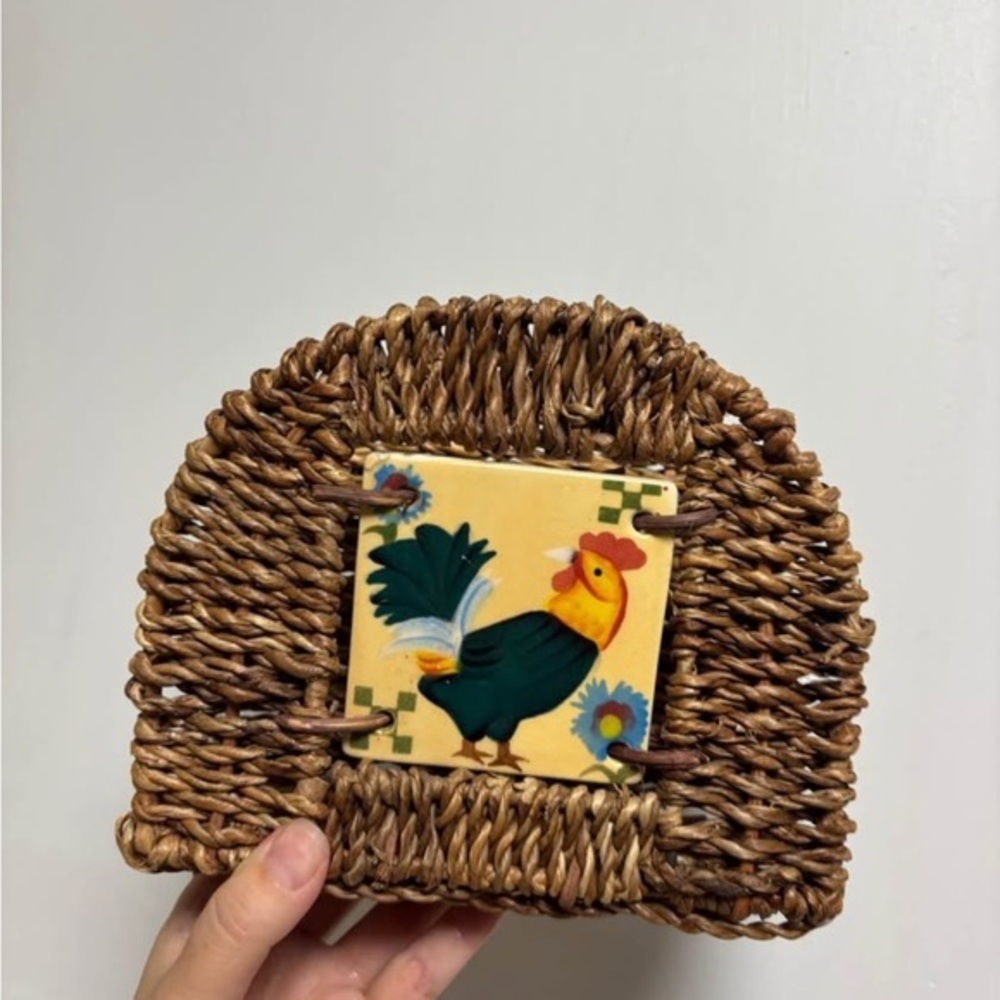 Pier One Wicker Ceramic Tile Farm Country Rooster Design Wicker Napkin Holder